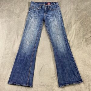 Vintage Bongo Jeans Women 7 Blue Low Rise Flare Whiskered Stretch Denim Boho Y2K